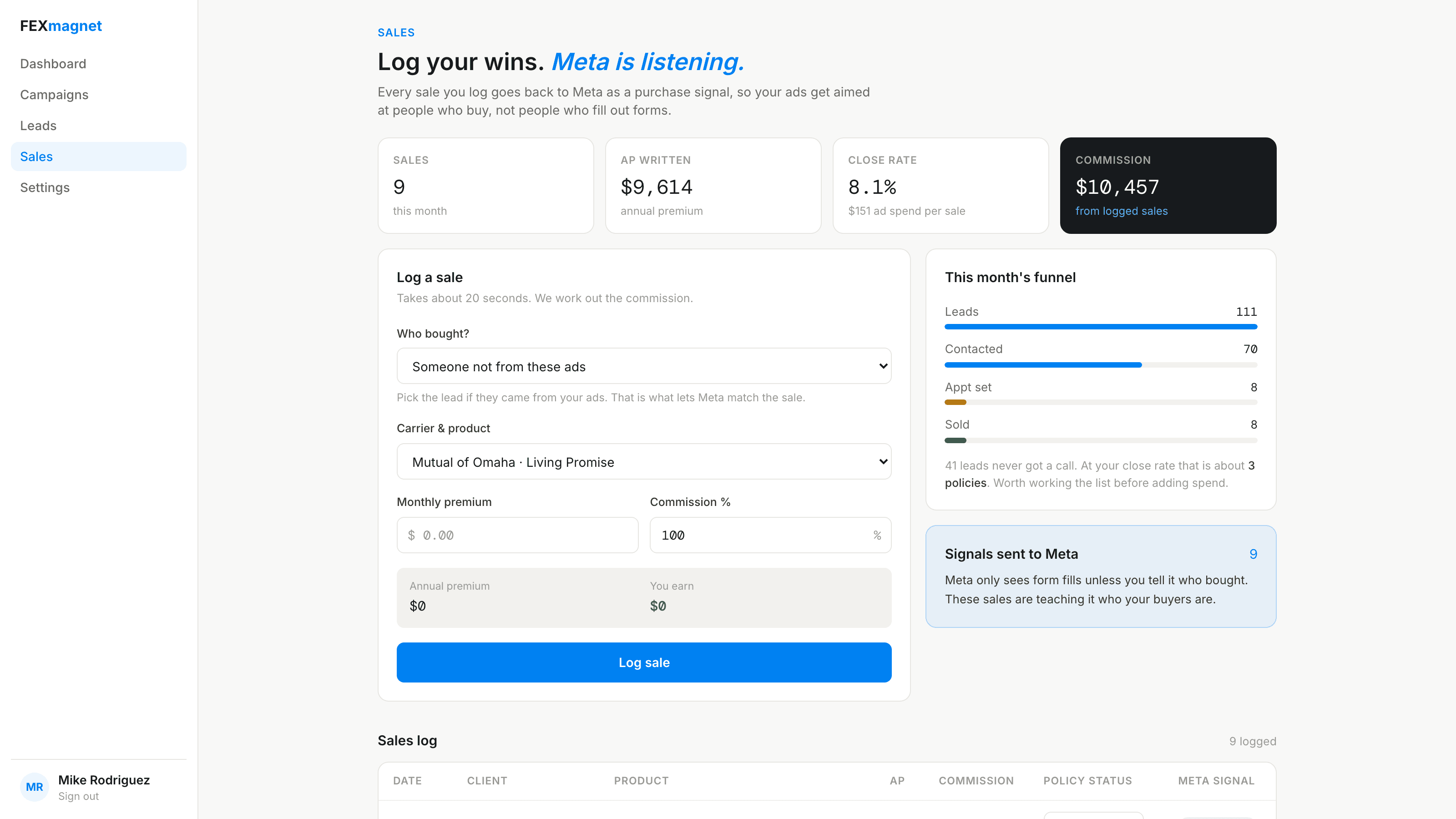 FEXmagnet sales tracking screen